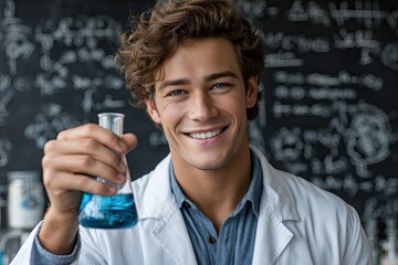 a handsome young scientist wearing a white lab coat, holding up an erlenmeyer flask with a blue liquid in it while smiling and looking at the chalkboard