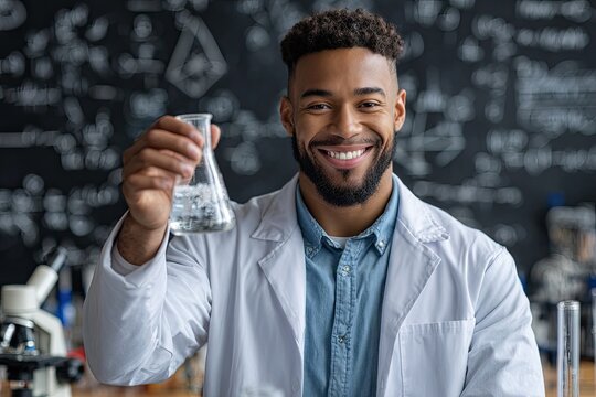 a handsome male scientist in a white lab coat holds up a beaker with liquid and smiles, with a blackboard background