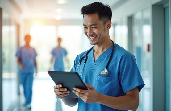 Asian doctor smiles holding tablet in hospital hallway. Medical staff walks behind him using tech for health care. He reviews patient data on screen. - Powered by Adobe