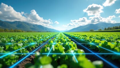 Expansive green farm field with rows of crops under blue sky. Blue digital grid lines overlay plants suggesting advanced farming tech. Mountains rise in distance. Scene smart agriculture, innovation.