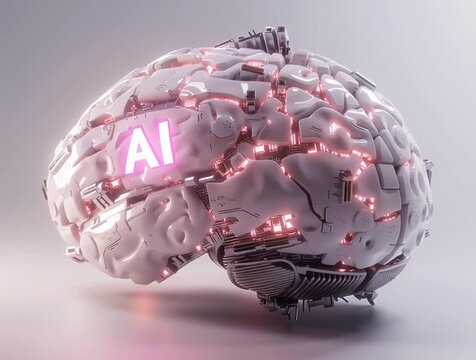 Brain with pink "AI" microship glowing on it