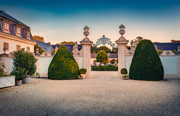 Marvelous autumn view of Halbturn palace. Spectacular morning cityscape of Halbturn town in the district of Neusiedl am See in the Austrian state of Burgenland, Europe. Traveling concept background.