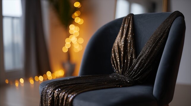 Gold sequin evening dress draped over velvet chair with festive bokeh lights in modern living room