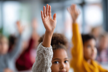 A group of children are in a classroom, one of them raising their hand