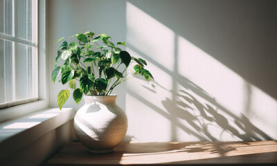 Sunlit Green Plant Beside Modern Bright Window