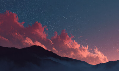 Twilight Over Mountain Ridge With Crimson Clouds