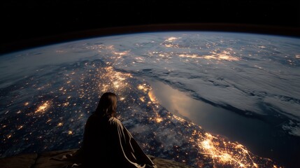 Fototapeta premium Jesus observing Earth from a distance at night, surrounded by stars and city lights