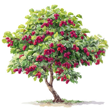 Watercolor vector illustration of Mulberry Tree, isolated on white background.