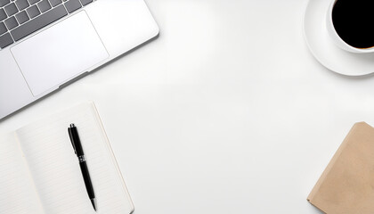 Top view flat lay of laptop, notebook, and coffee on a white desk with copy space