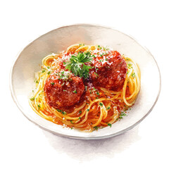 A watercolor painting of Meatballs And Spaghetti, vector illustration on white background.