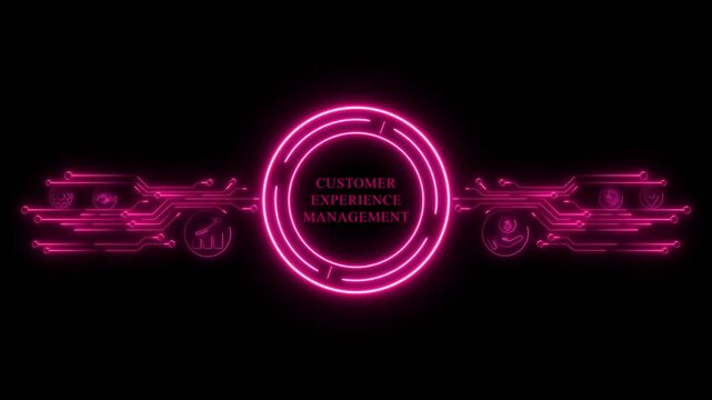 Neon Customer Experience Management Circle with Circuit Board Design . Neon business, Technology and network concept.	