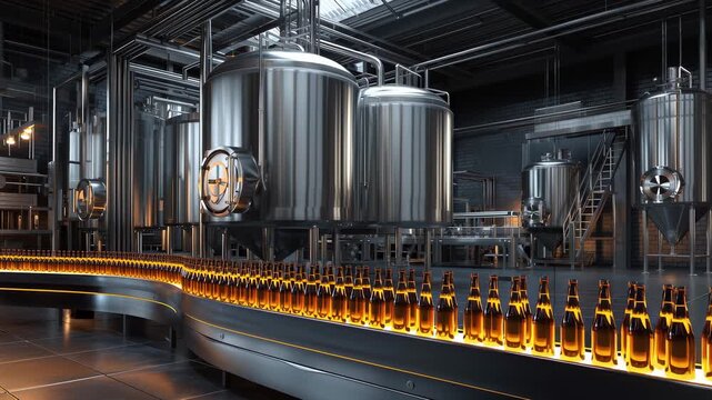 Industrial brewery scene showcasing the production process with stainless steel tanks and illuminated bottles, camera smoothly pans across the facility