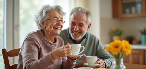 Elderly couple drinks tea at home smiling and laughing together in kitchen. Happy man and woman enjoy morning coffee conversation sharing good times.