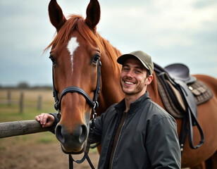 Fototapeta premium Smiling young man stands with brown horse, white blaze on face. Wears cap, jacket, hand resting on rustic wooden fence. Guy stands by saddled equine. Friendly connection, equestrian sport, country