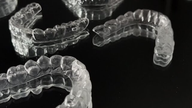 Transparent invisible dental aligners or braces aplicable for an orthodontic dental treatment. Invisible dental teeth brackets tooth aligners on blue background. Plastic braces dentistry retainers
