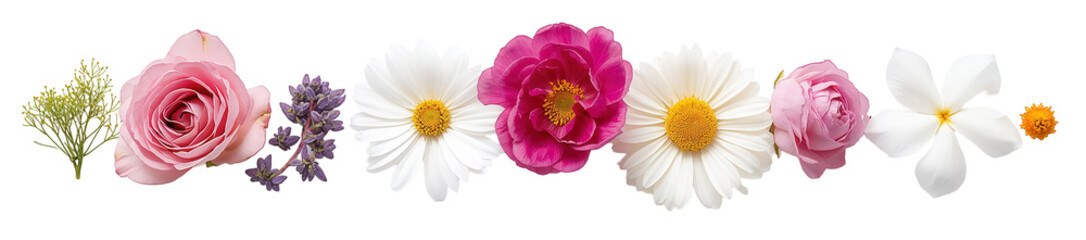 Fototapeta premium A floral arrangement featuring roses, daisies, lavender, and other flowers arranged linearly.