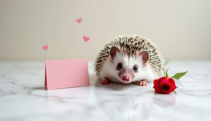 Hedgehog with red rose and pink card