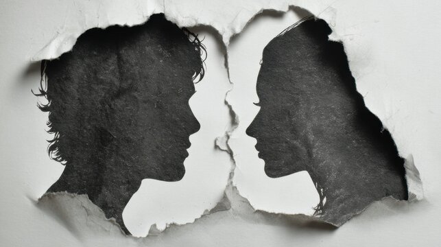 Torn Paper Silhouettes Represent Emotional Separation and Regret Between Two Individuals in a Heartfelt Scene