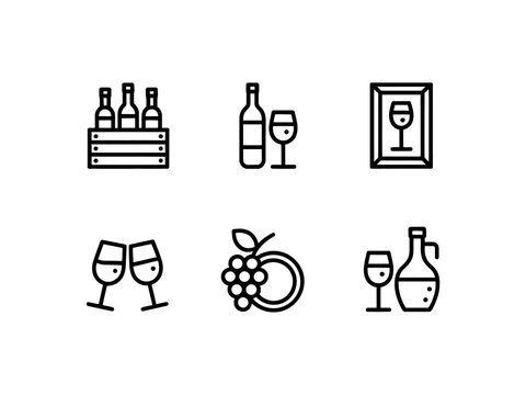 A collection of six minimalist icons representing various aspects of wine production, consumption, and appreciation.