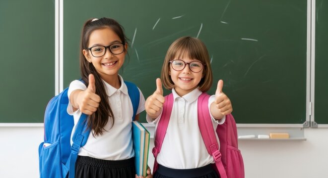 Classroom Buddies: Two young students, brimming with confidence, flash a cheerful thumbs up against a backdrop of a classroom. They are ready to embrace the day.