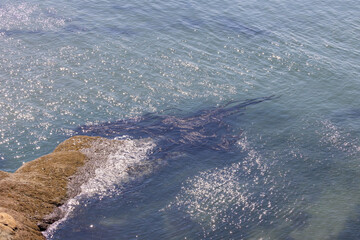 Sunlight sparkling on clear ocean water near rocky shore