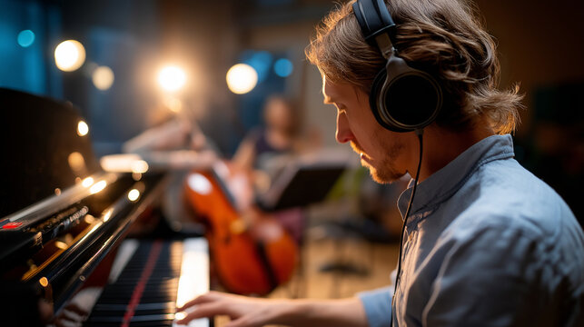 Recording session with pianist wearing headphones, microphones over strings, studio, production, soundtrack, professional, with copy space