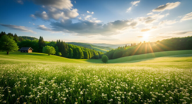 Golden hour sunlight illuminates a lush green meadow and rolling forested hills under a dramatic sky - Powered by Adobe