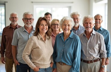 Diverse group of smiling seniors stands together indoors. Elderly men, women happily look at camera. Friends gather in bright room, enjoying community, good times. Shows happy retirement life,