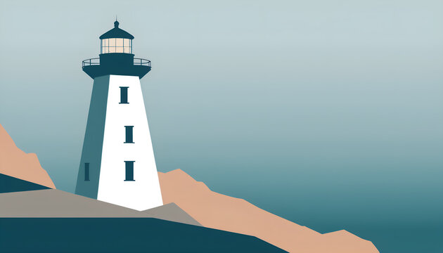 Close-up view of a classic white lighthouse on jagged coastal rocks