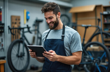 Young handsome bearded man mechanic smiles, looking at digital tablet in bicycle repair shop. Wears protective apron. Professional service person checks orders, inventory, maintenance schedules using