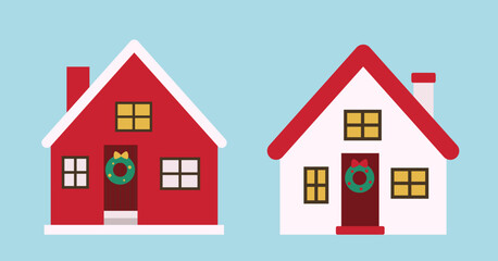 Set of winter Christmas house flat vector illustration.
Red and green holiday houses clipart.
Good for greeting card, poster, banner, leaflet.