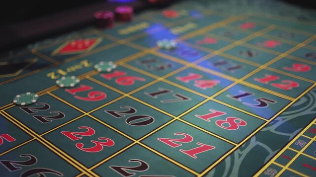 Casino table with roulette wheel in motion, with casino chips, tokens, the hand of croupier, dollar money and a group of gambling rich people playing bet on a party, blue poker table and deck of cards