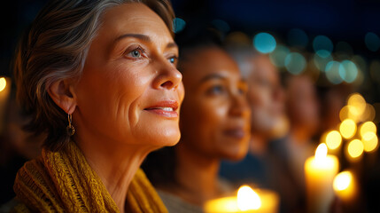 Fototapeta premium Choir singing softly during candlelight vigil, warm glow, remembrance, prayer, peace, worship, with copy space