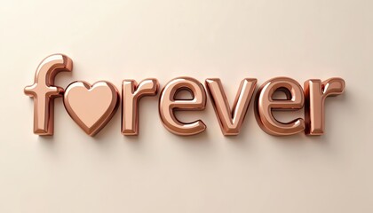 Rose gold 3D letters spell out forever with a heart replacing the o. This symbolizes lasting love and commitment, perfect for romantic themes and design.