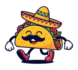 A cartoon taco character wearing a sombrero and mustache walks joyfully.