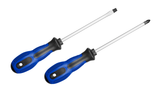 Two screwdrivers, flat and Phillips, are perfect for repair and maintenance tasks. Their ergonomic handles provide comfort during long use blue color on isolated white background close-up