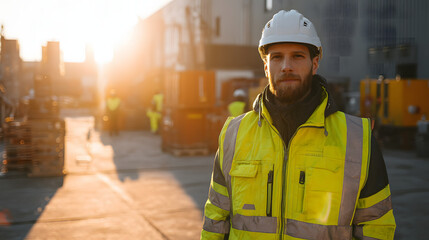 Full-body shot of a male construction professional in a fresh neon yellow high-visibility vest and spotless white helmet, standing confidently under warm early morning sun, industrial backdrop softly