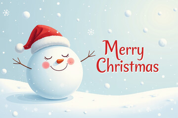 Smiling snowman with carrot nose and stick arms, wearing red Santa hat, on snowy ground with snowflakes, against light blue background with Merry Christmas text.
