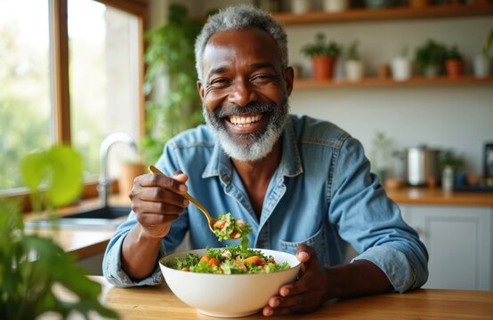 Smiling senior African American man eats fresh green salad from large bowl at home kitchen table. He enjoys nutritious plant based meal. Lifestyle, health, wellness.