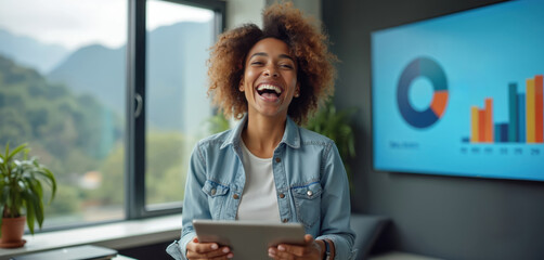 Happy woman laughs holding tablet in office near window. Digital graph on screen shows growth. Woman wears denim jacket, white t shirt. Professional success, good results, positive work environment.