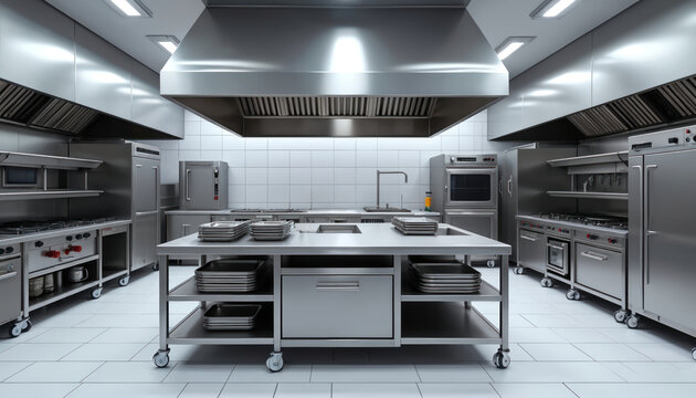 Inside view of commercial kitchen. Stainless steel equipment in pro restaurant. Food preparation area with ventilation hoods, stoves, ovens, sinks. Clean industrial interior ready for chefs, cooking.