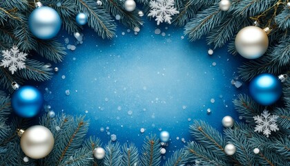 Christmas and winter holiday seasonal border frame creating a festive blue background with fir tree branches, glowing snowflakes, and shiny decorative ornaments marketplace product card