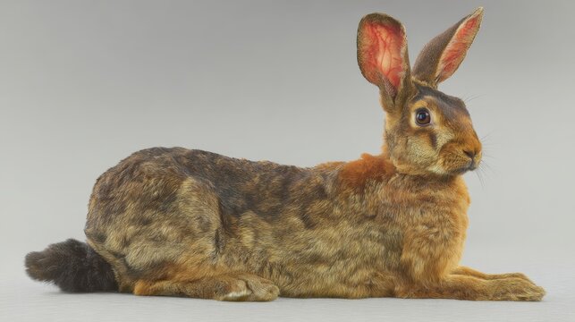 Portrait of a Belgian Hare rabbit with sleek red-brown fur in an alert pose under bright soft light against a plain background