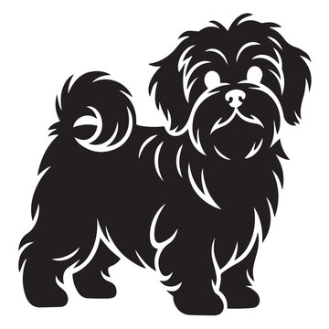 Black and white silhouette of a cute maltese dog isolated on white background