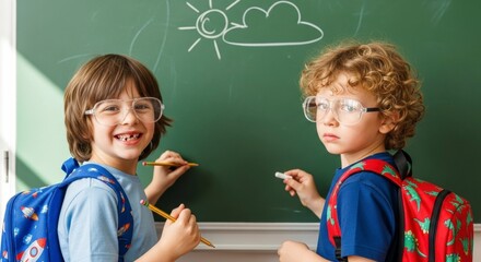 School Days' Drawing Duo: Two young pupils with backpacks in a cheerful classroom environment, creating their own world through art, filled with joy and wonder.