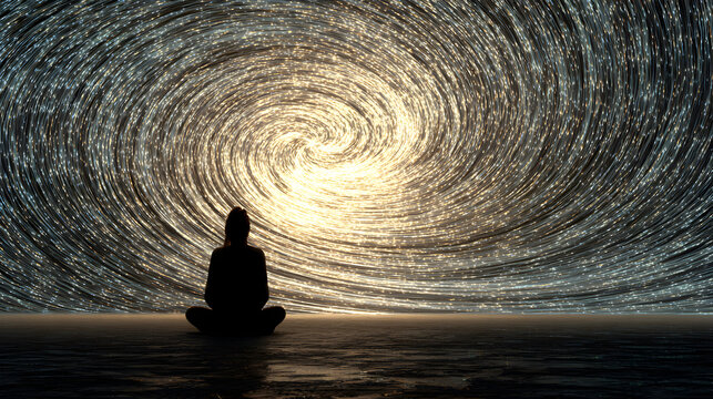 Silhouette of person meditating in front of glowing spiral vortex symbolizing hypnosis, mindfulness, and inner balance for World Hypnotism Day
