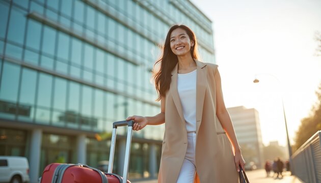 Young asian woman with suitcase walks near modern office building. Female traveler smiles happily on sunny day, going on business trip. She wears casual elegant outfit, carrying red baggage.