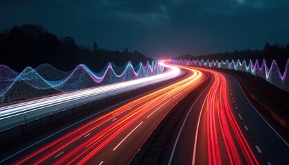 Night highway shows car light trails. Red, white streaks move fast on road. Digital wavy lines glow along sides, forming futuristic tech infrastructure concept. Modern transport speed network