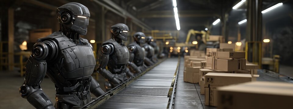 Un groupe de robots align&eacute;s travaillant sur un tapis roulant dans un entrep&ocirc;t industriel avec des cartons et des marchandises en attente d'exp&eacute;dition, vue panoramique.