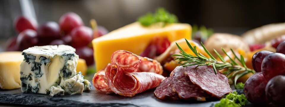 Un plateau en ardoise grise compos&eacute; de charcuterie, d'un assortiment de fromages haut de gamme et de raisin vue panoramique.
